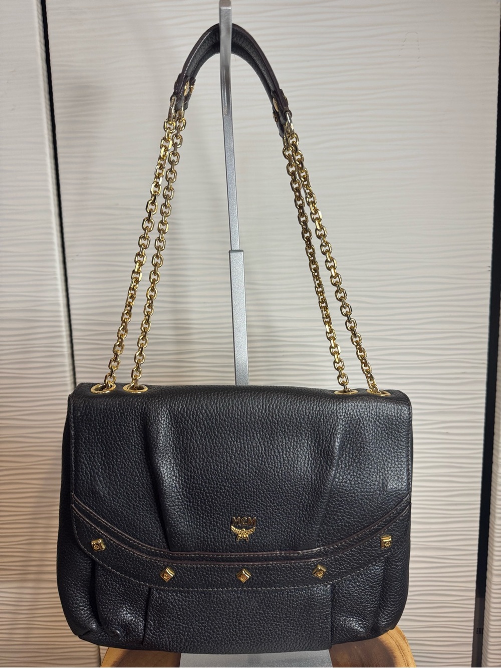 MCM Black Leather Shoulder Bag with Gold Chain Straps